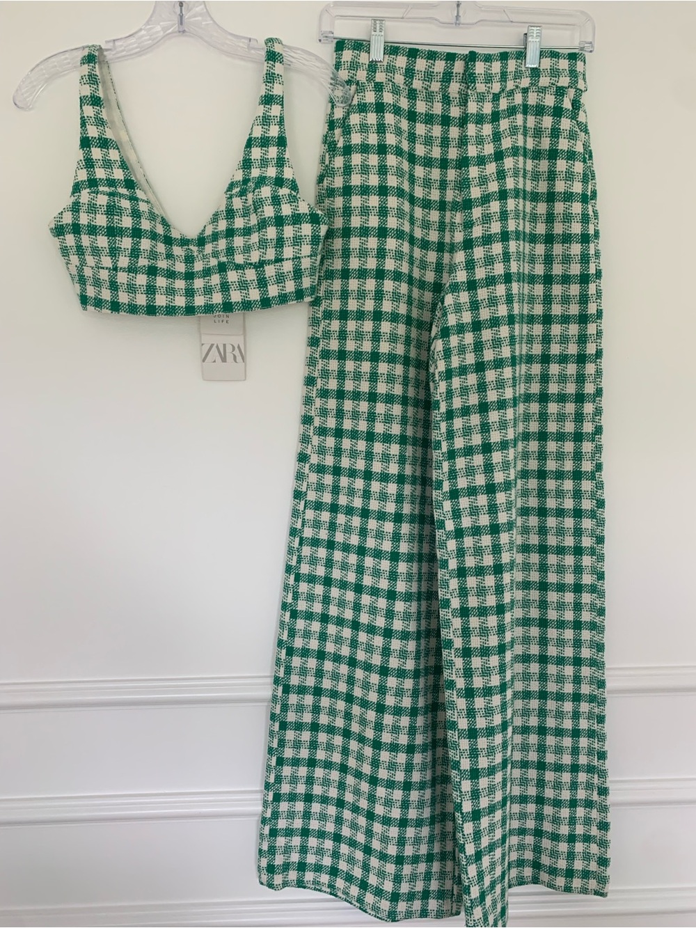 NWT Zara Green & White Gingham set: XS Pants + S Top